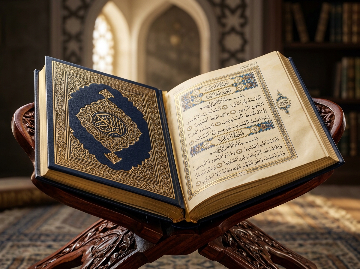 Holy Quran beautifully illuminated in regal navy and gold on a carved wooden rehal